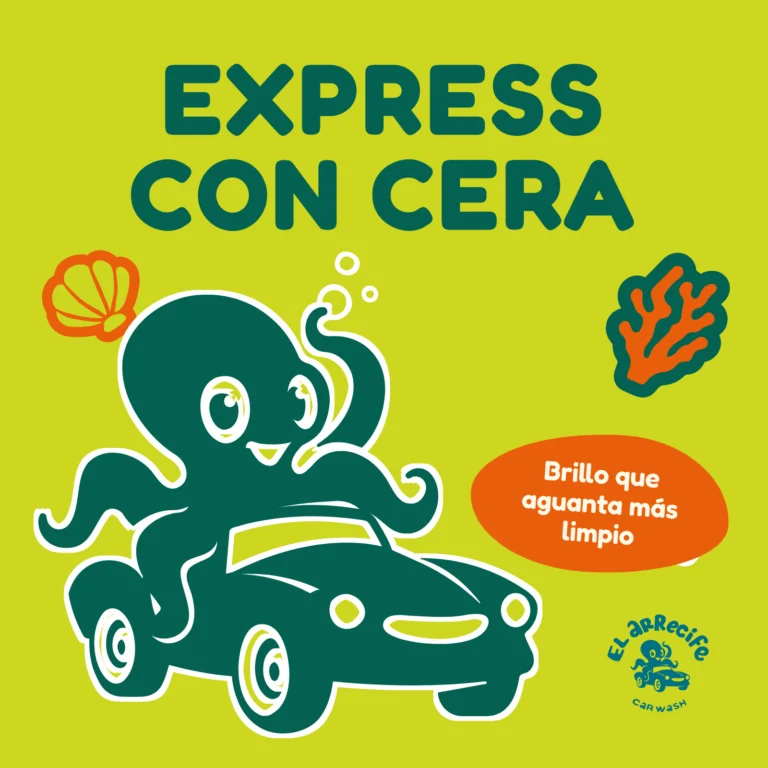 Paquete Express con cera de El Arrecife: pulpo lavando un auto sobre fondo verde lima. Brillo que aguanta mas limpio.